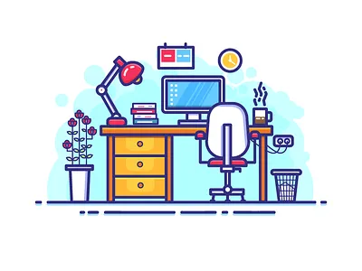 Office Space chair desk flat design flower vase lamp line art office vector work space