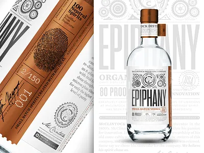 McClintock Distilling Epiphany Vodka bottle copper distillery foil gear label liquor packaging small batch spirit vodka