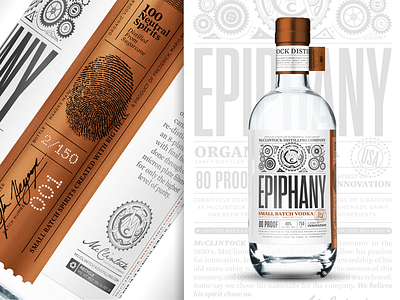 McClintock Distilling Epiphany Vodka bottle copper distillery foil gear label liquor packaging small batch spirit vodka