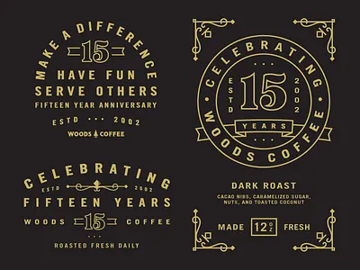 Badges and Labels 15 year anniversary badge beans coffee coffee bag icon labels logo mark tag woods