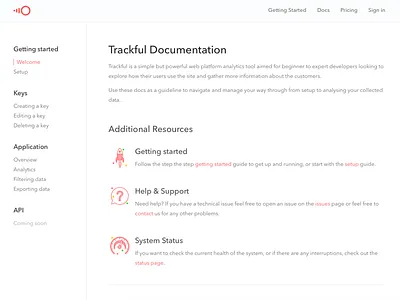 Docs - Trackful.io docs free landing page minimal trackful ui web analytics