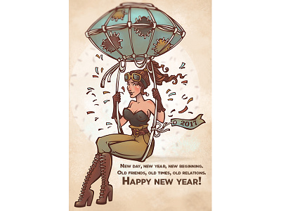 2017 Happy Life 2017 balloon girl greeting new year steampunk woman