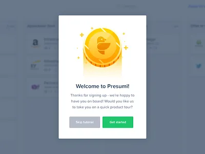 Tutorial button coin cta get gold green modal overlay presumi skip started tutorial
