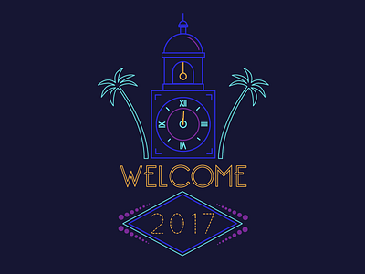 Happy New Year 2017 2017 clock flat greeting illustration midnight neon palmtrees vector welcome