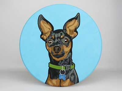 Miniature Pinscher painting from illustration black dog dog tag hand painted illustration miniature pinscher painting puppy tan