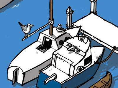 Marina sketch - crop 1 boat color digital drawing illustration isometric marina nautical seagull