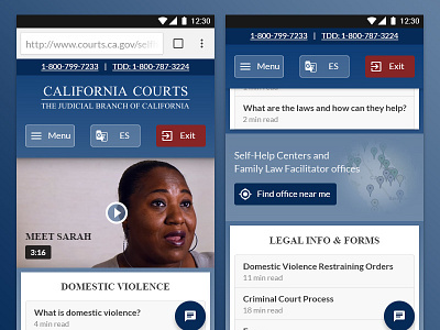 California Courts redesign android browser gradient header map media mobile web navigation read time sticky header video