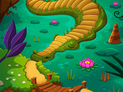 Berry Game - Map 6/9 bridge crocodile flower forest game illustration lotus map path swamp trail videogame