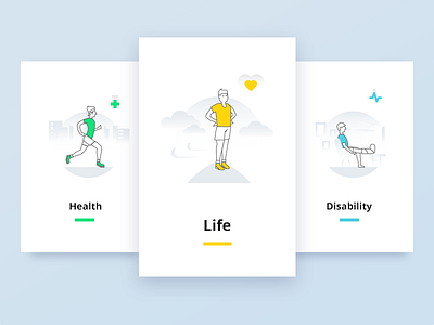 Category illustrations for insurance company boarding cards character disability health illustration insurance life man men ui ux