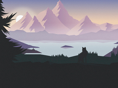 Mountains illustration flat illustration mountain sun water wolf