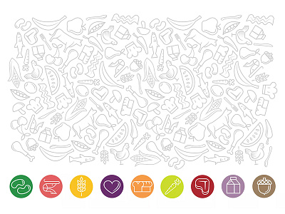 Food Pattern and Icons allergies cooking food iconography icons illustration ingredients lines meat pattern recipe tiled