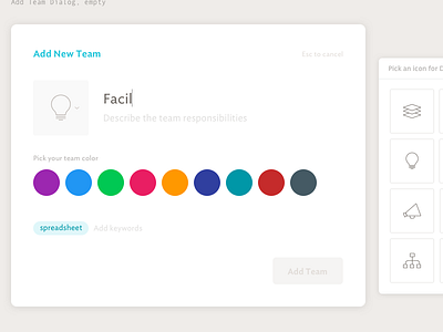 Add Team Dialog, empty color design dialog icon modal picker pills spoke team ui ux web