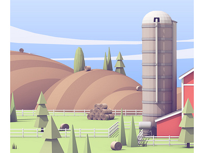 Farmland WIP 3d c4d cloud farm fence grass hills land render silo sky trees