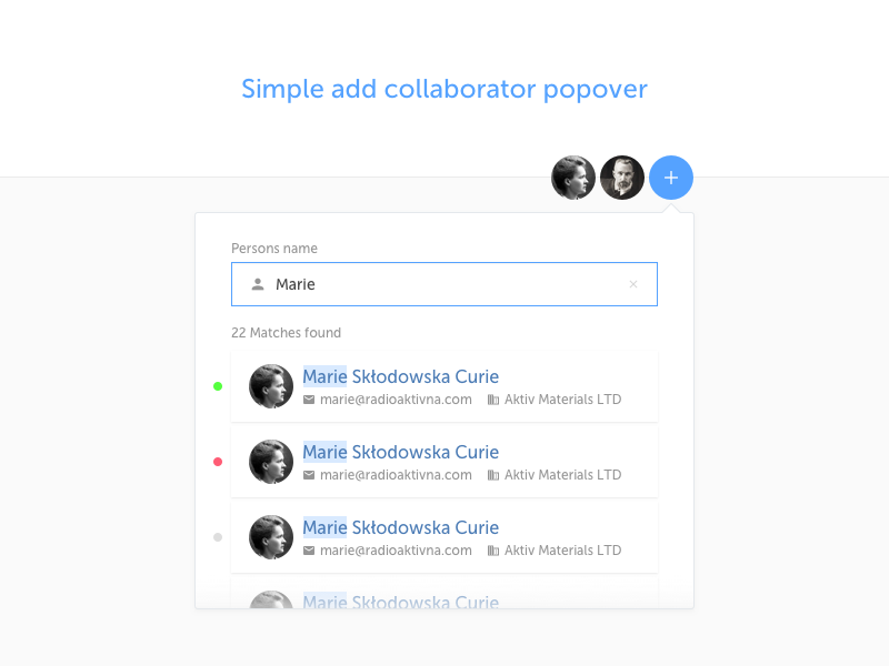Example of Simple add collaborator popover
