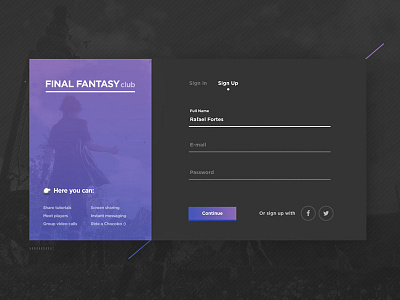 Sign Up Screen black ui daily ui final fantasy xv login sign up ui