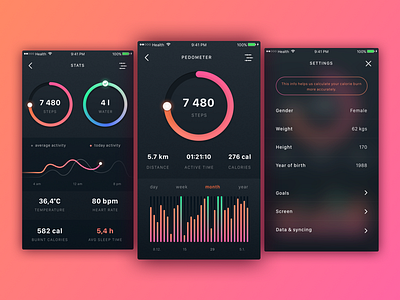 Health App app dark dashboard graph health interface ios pedometer stats ui