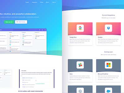 Wiplo Landing Page cards design gradient integrations purple ui wiplo