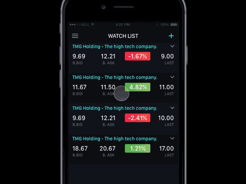 Expandable Card view - Etrade animation dark financial gif ios mobile stock trade