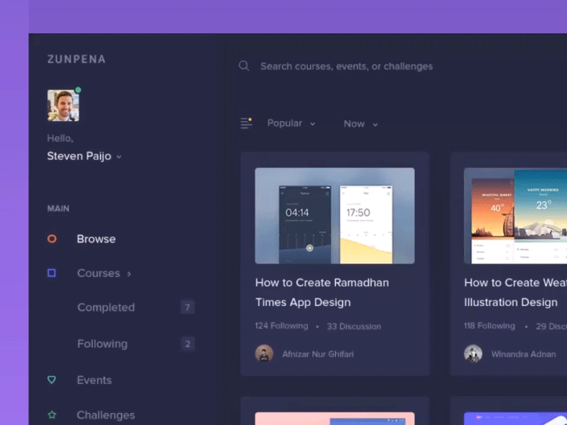 Zunpena - Filter Design Courses Animation animation colorfull courses dark dashboard design filter smooth ui ux web zunpena