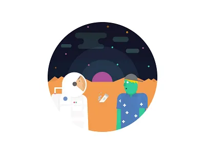 The Meeting character design explore illustration planet ship sky space spaceman suit vector visor