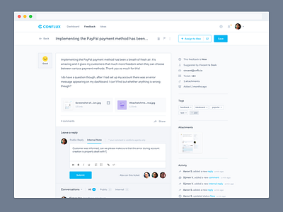 Conflux Feedback Page assign attachments comments feedback reply ui ux