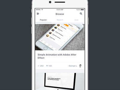 Design Courses App app comments feed ios iphone minimal photos rebound tabs timeline user white