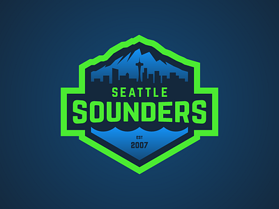 Seattle Sounders - In Progress 1 badge blue crest green mount rainier mountain seattle soccer sounders space needle sports water