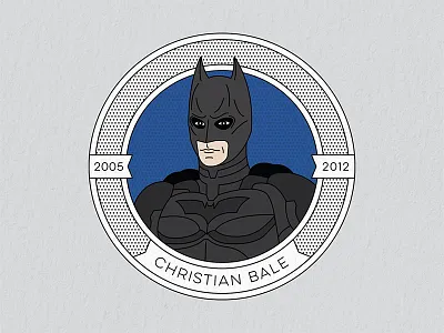 Batmen Through the Ages: Christian Bale badge batman batman begins caped crusader christian bale christopher nolan dark knight dark knight rises dark knight trilogy halftone illustration monoline