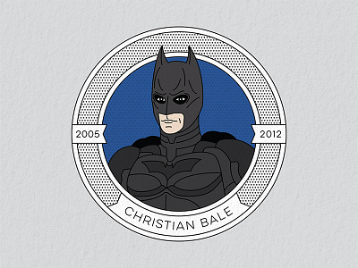 Batmen Through the Ages: Christian Bale badge batman batman begins caped crusader christian bale christopher nolan dark knight dark knight rises dark knight trilogy halftone illustration monoline