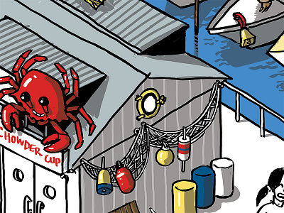 Chower Cup - Marina sketch - 2 boat color crab digital drawing illustration isometric marina nautical seagull