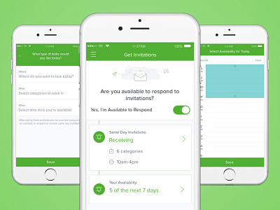 Same Day Invitations availability calendar get work mobile tasks toggle ui ux work