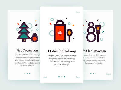 Holidays Onboarding 2017 app christmas christmas tree holidays near year onboarding shopping sketch snowman ui vector
