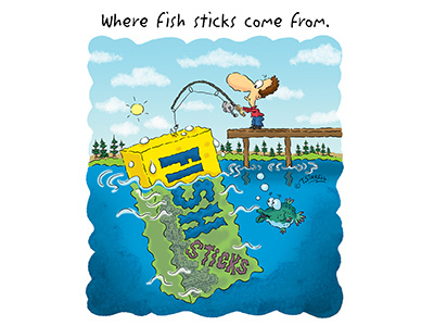 Where Fish Sticks Come From. cartoon cartoon illustration childrens publishing fish sticks fishing fishing cartoon fishing humor humorous illustration illustration kidlitart man fishing pier fishing