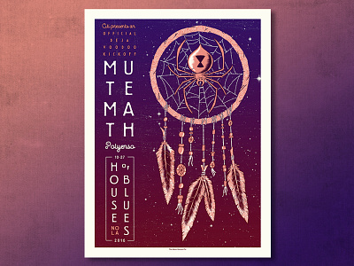 Mutemath ahco black widow dream catcher feathers gig poster illustration jewels screen print spider