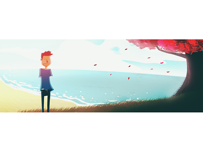 mr. Handless beach character concept falling leaves illustration sun sunrise