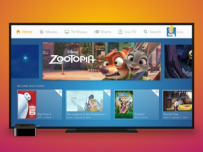 DisneyLife Home Screen - TV app design big hero 6 disney disneylife movies streaming tv design zootopia