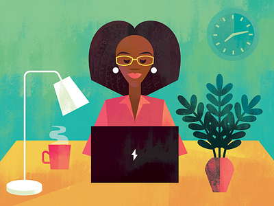 Intel Lady character clock computer desk illustration lamp laptop plant texture woman