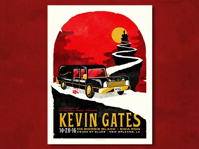 Kevin Gates ahco evil gig poster haunted house hearse illustration screen print spooky tombstone