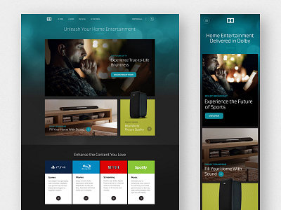 Dolby Redesign audio background blue bokeh dolby logos responsive speaker website