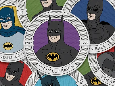 Batmen Through the Ages Coaster Set adam west badge batman ben affleck caped crusader christian bale coaster dark knight halftone illustration michael keaton monoline