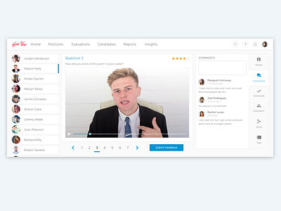 Video Interview Evaluation buttons comments feedback icons interviews lists menu pagination stars streaming video