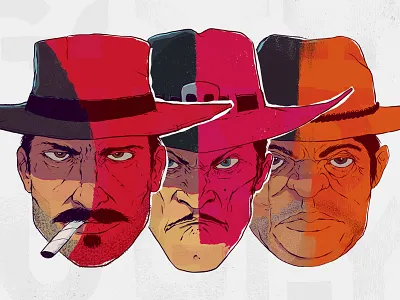 Good, Bad and Ugly cowboy flat graphic illustration old west stamp western