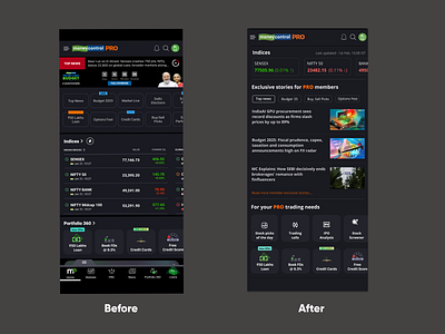 Member homepage: Moneycontrol PRO android app card concept finance moneycontrol news stocks ui ux