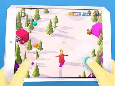 Winter Rider Game concept 🐇🏂🌲 antonmoek cartoon character cinema4d forest game illustration lowpoly rabbit render snowboard winter