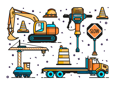 Construction & Road Work barrel cone brooklyn nyc building caution slow sign construction crane excavator flatbed truck hard helmet illustration jack hammer road work