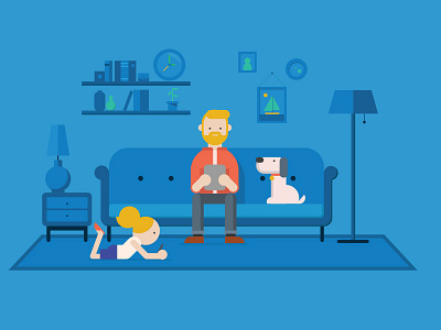 Home life blue character design dog family illustration ipad living room vector