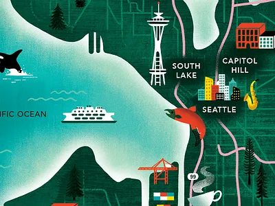 Seattle Map WIP ferry illustration map ocean salmon seattle spaceneedle texture trees washington