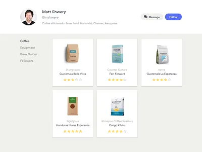 Daily UI #006 – User Profile brews coffee light minimal profile ranking ratings roasters social user