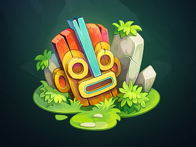 Tiki Mask game grass icon isometric mask object stone tiki treasure