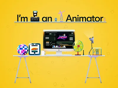 My desk setup! 3d printer after effects animator camera coffee desk discoball imac lamp newton balls offf workspace